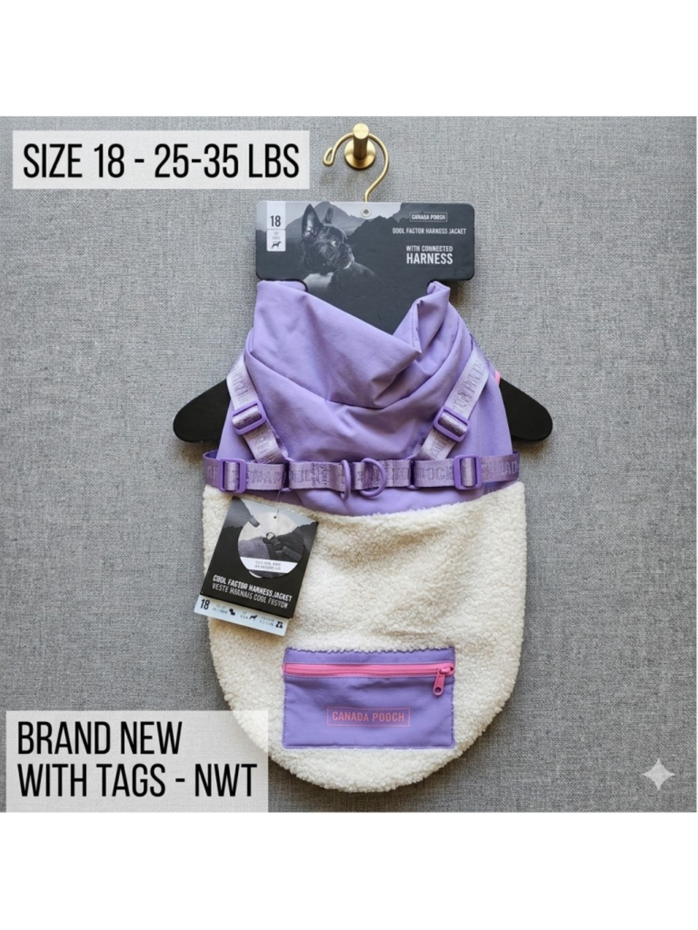 Canada Pooch Cool Factor Harness Jacket Purple White Fleece Dog Vest Size 18 NWT